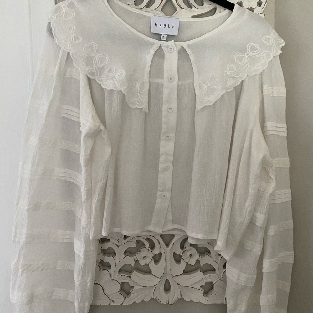 Mable peasant peterpan collar button down bow blouse coquette girly boho - Picture 10 of 13